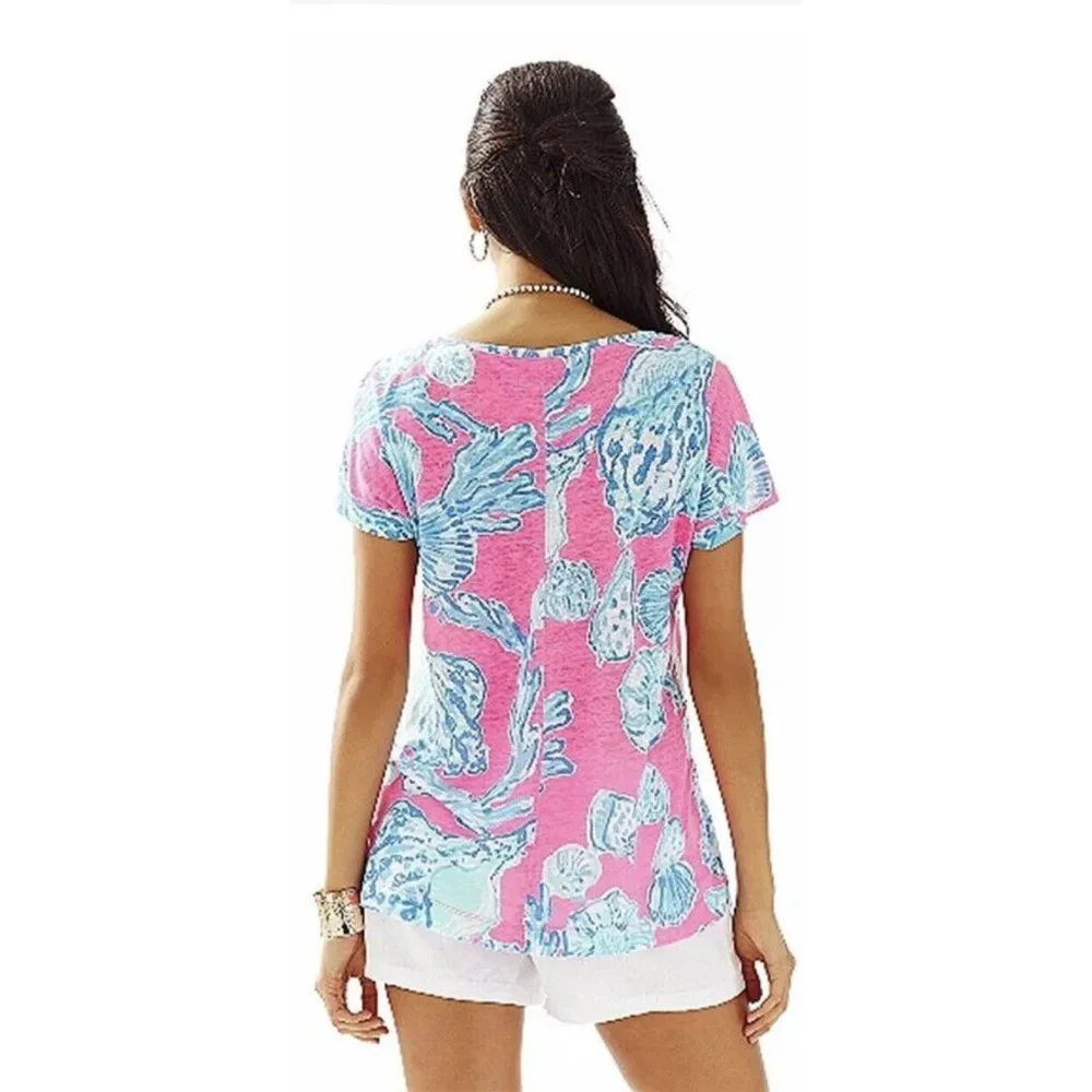 Lilly Pulitzer Mikela Top Pink Pout Barefoot Princess Blue SHELLS 100% Linen XS
